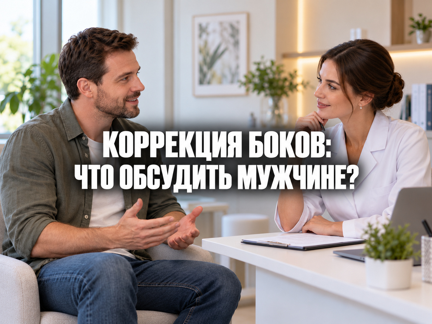 Мужчина обсуждает коррекцию боков со специалистом; по центру фраза «КОРРЕКЦИЯ БОКОВ: ЧТО ОБСУДИТЬ МУЖЧИНЕ?»
