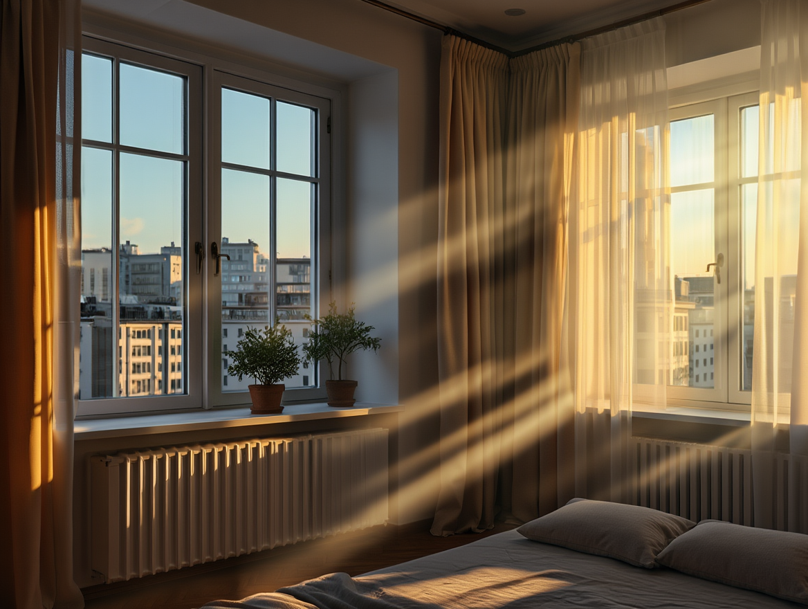 Современные пластиковые окна ПВХ с двухкамерным стеклопакетом в отремонтированной квартире — мягкий дневной свет через качественное остекление с видом на город