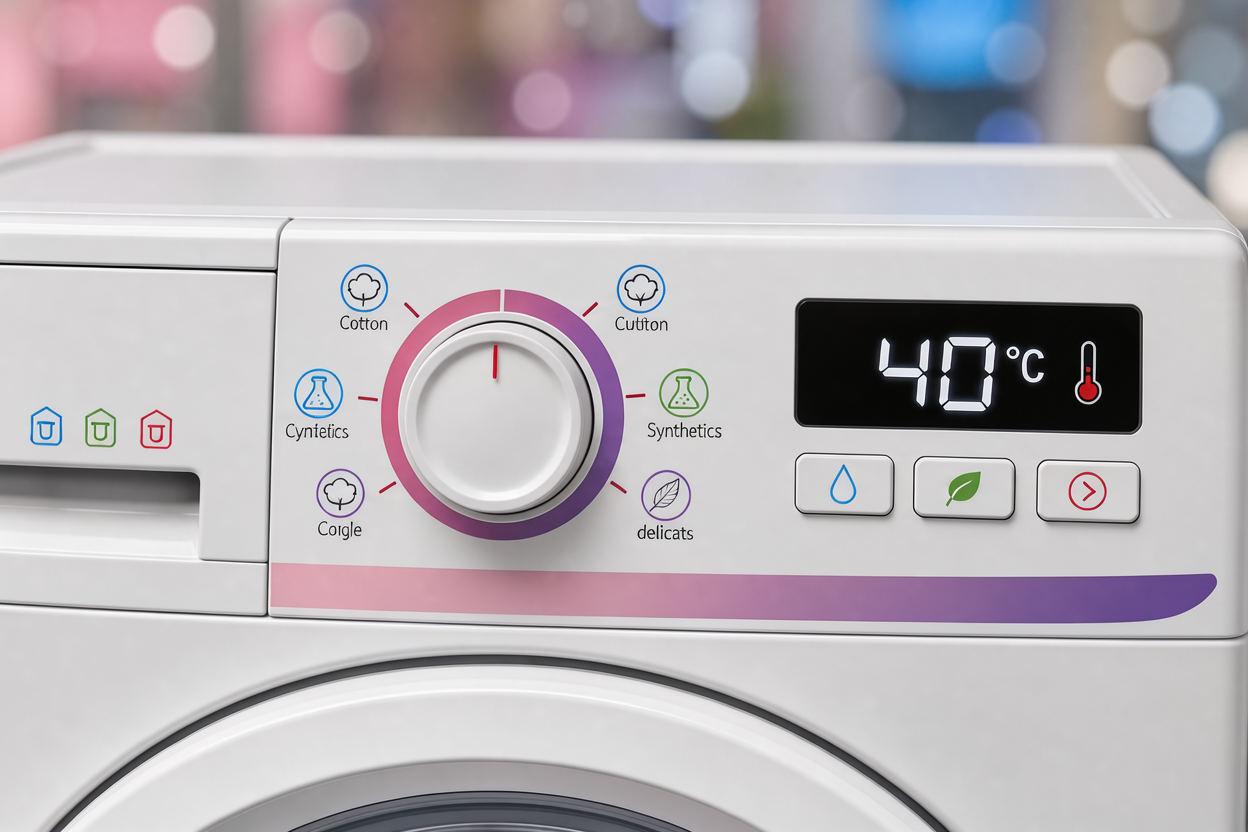 Washing machine control panel with program dial and temperature indicator, icons for cotton, synthetics and delicate cycles visible