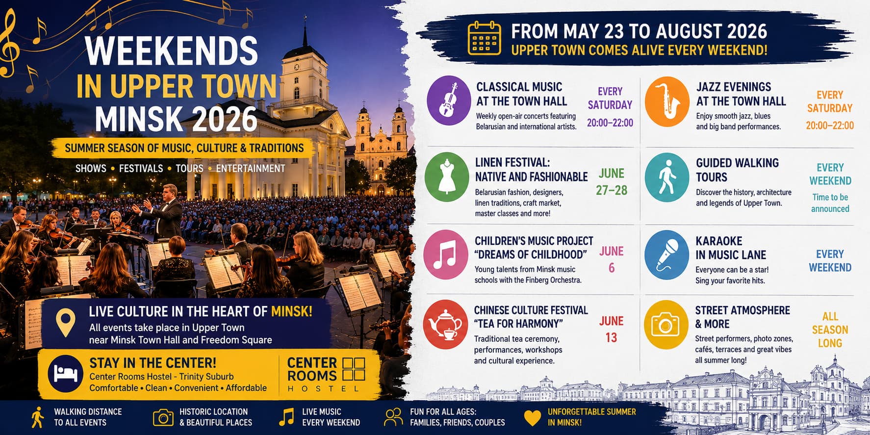 Weekend events in Upper Town Minsk 2026 including open-air orchestra performances, the Linen Festival, karaoke in Music Lane, walking tours, and cultural activities in the historic city center.