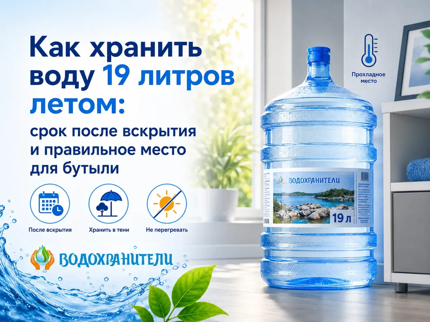 Бутыль воды 19 л с помпой хранится вертикально в прохладном затенённом месте вдали от окна и источников тепла.