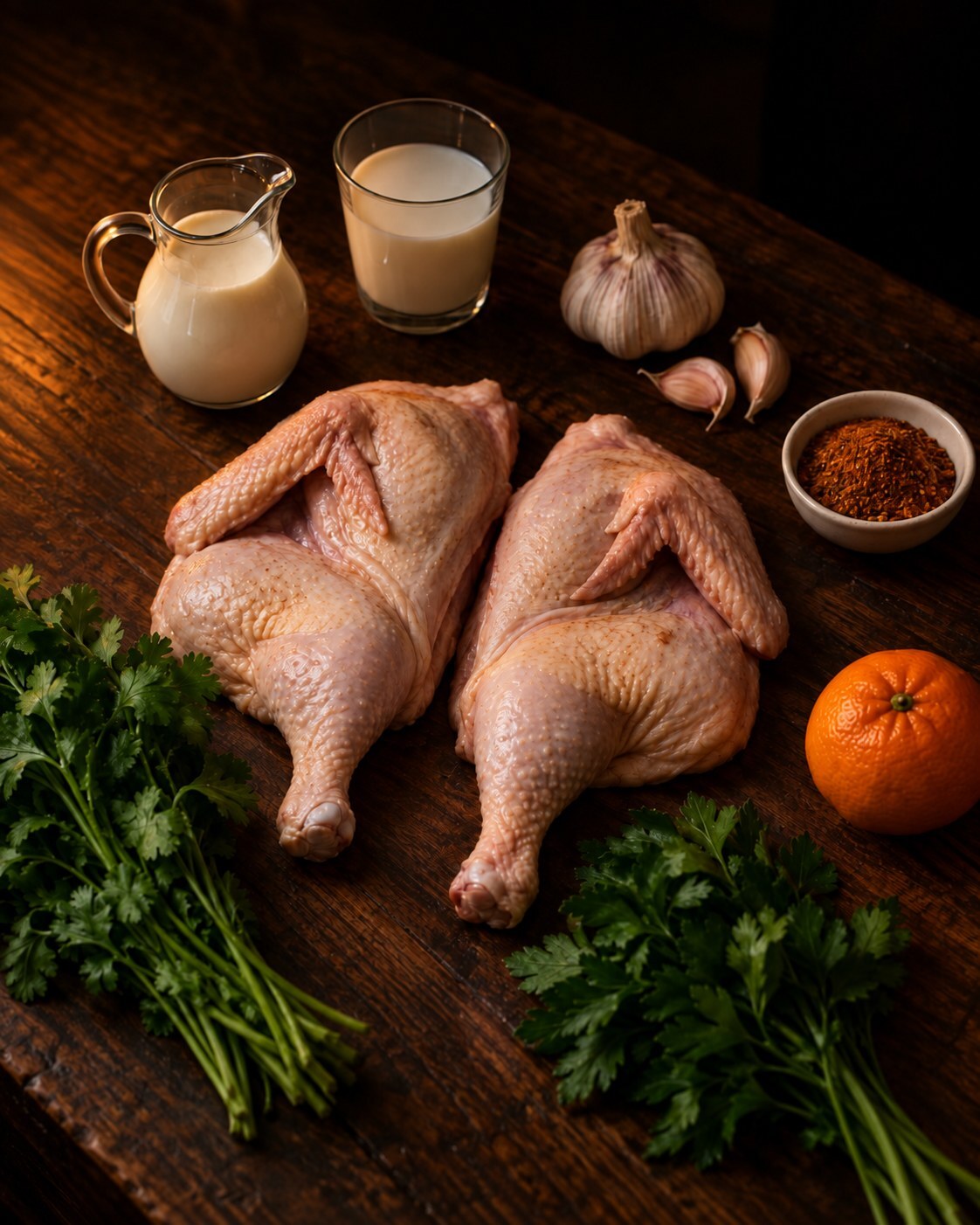 Ingredients for garlic cream chicken: a chicken cut in half, cream, milk, garlic, khmeli-suneli spice mix, cilantro, parsley and a mandarin on a dark wood table