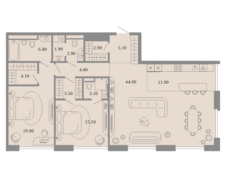 Планировка: квартира с 2 спальнями 126,4 м² в ЖК «Тессинский, V», дом Media, 3-й этаж