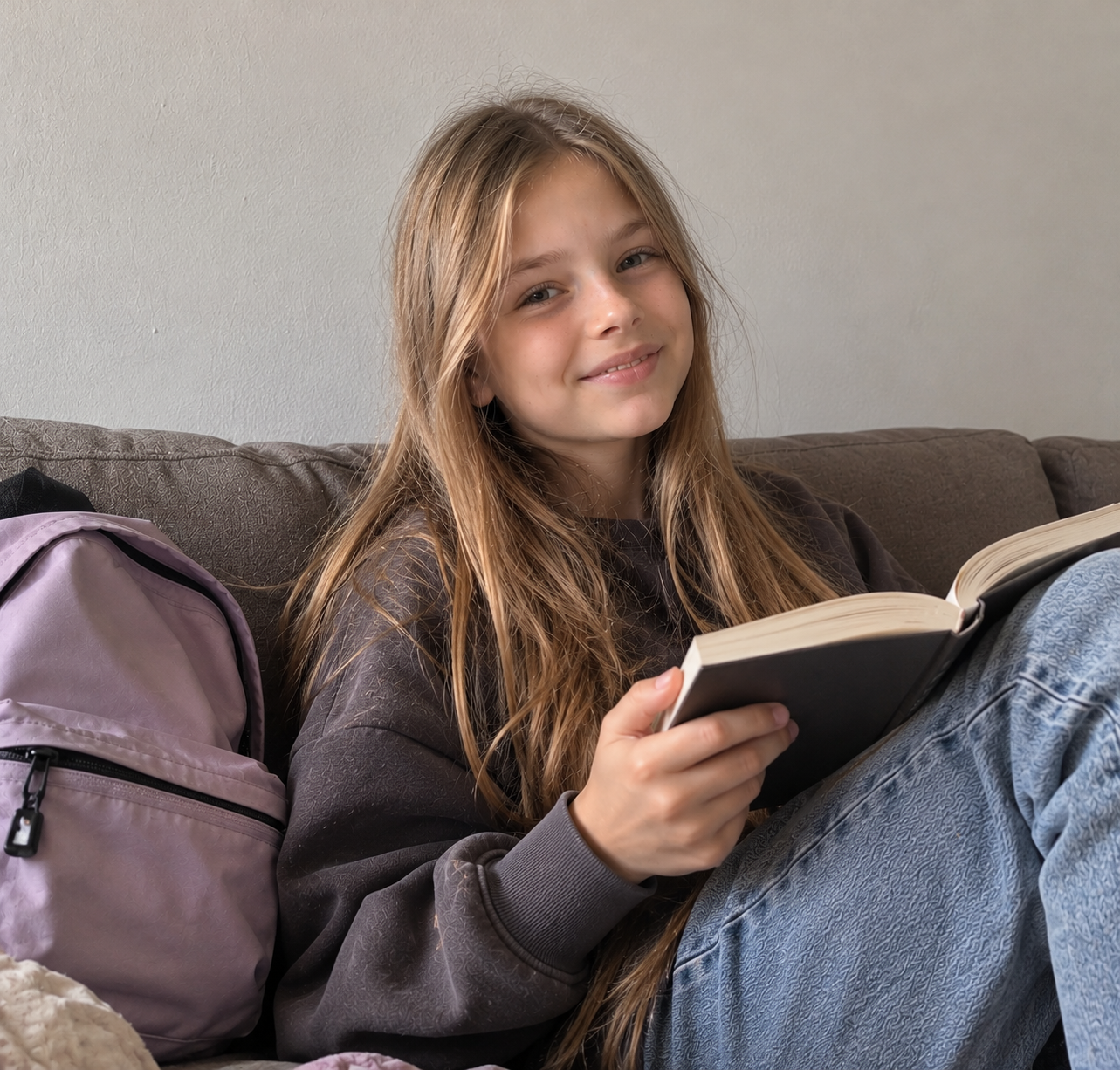 Девочка с книгой и рюкзаком на диване