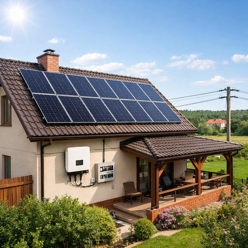 сетевая солнечная электростанция на крыше частного дома