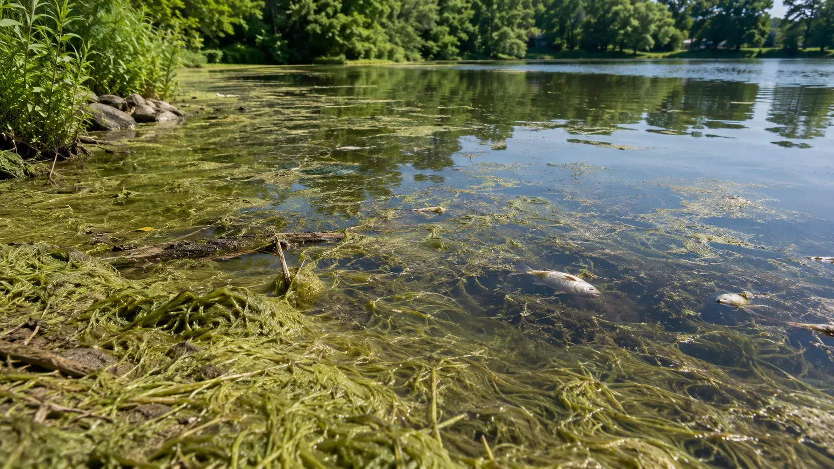 Массовое разрастание нитчатых водорослей, загрязнение воды и гибель рыбы в пруду