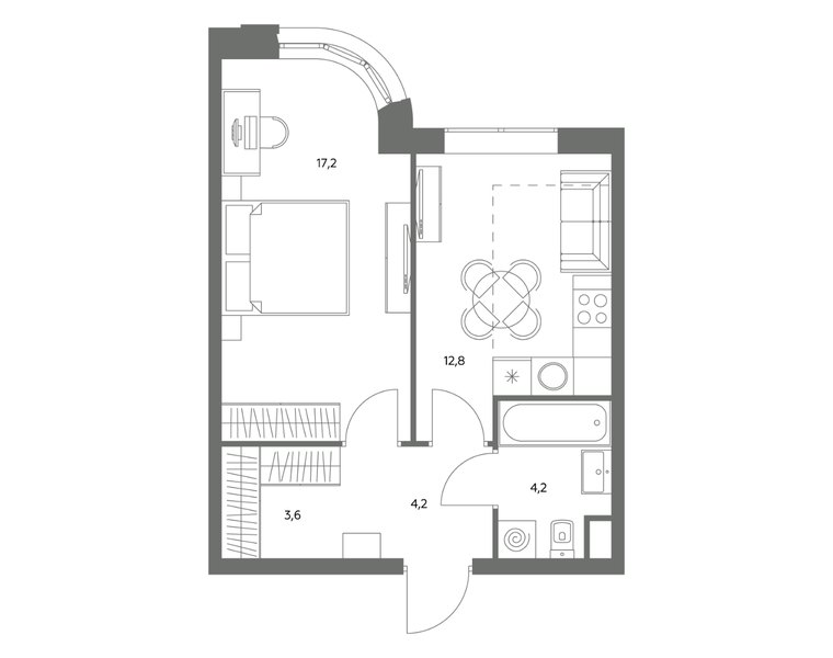 Планировка 1-комнатной квартиры 42 м² в ЖК «Адмирал»: корпус 1.1, секция 1, 32-й этаж