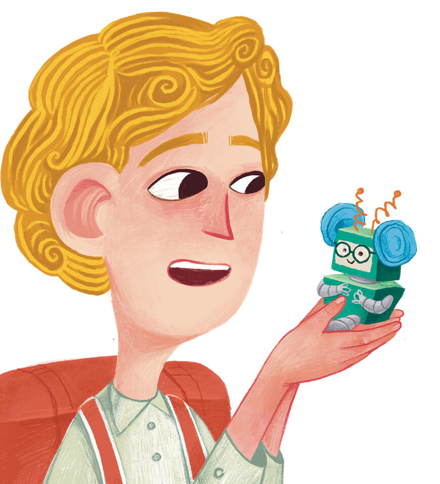 Портрет мальчика с игрушечным роботом – стилизованная иллюстрация, мягкие цвета