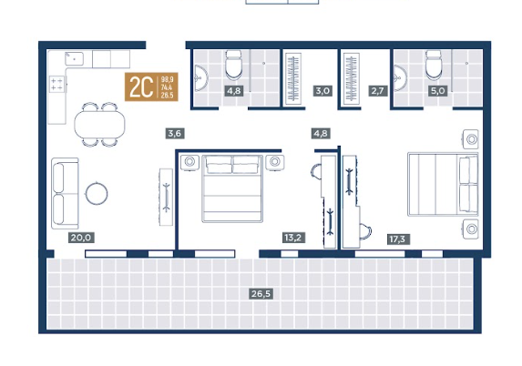 Планировка 2-комнатная 98,9 м²