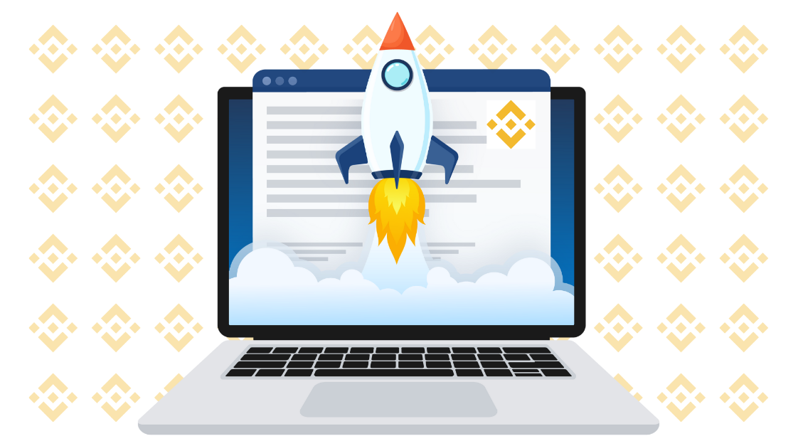 The initial coin offering is represented by a rocket coming out of a laptop with the Binance logo to refer to the Binance Launchpad