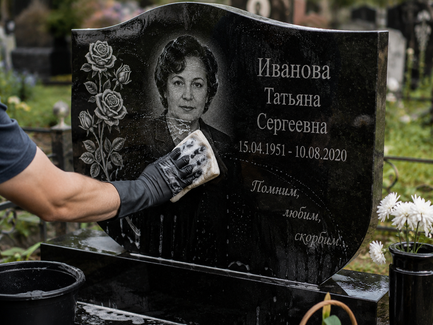 мытье напидписи и портрета на памятнике