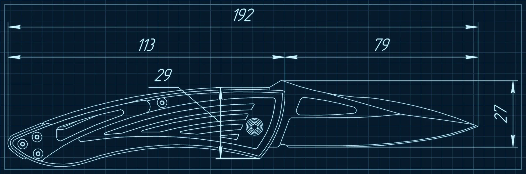 Blueprint-style technical drawing of the Kizlyar Supreme MiG folding knife showing a 79 mm blade, 113 mm handle and 192 mm open length