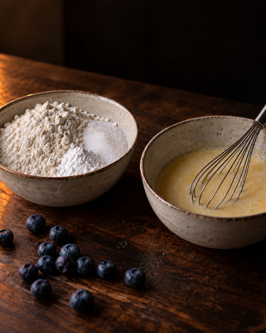 Two bowls: dry flour, sugar and baking powder in one, whisked egg, kefir and oil in the other