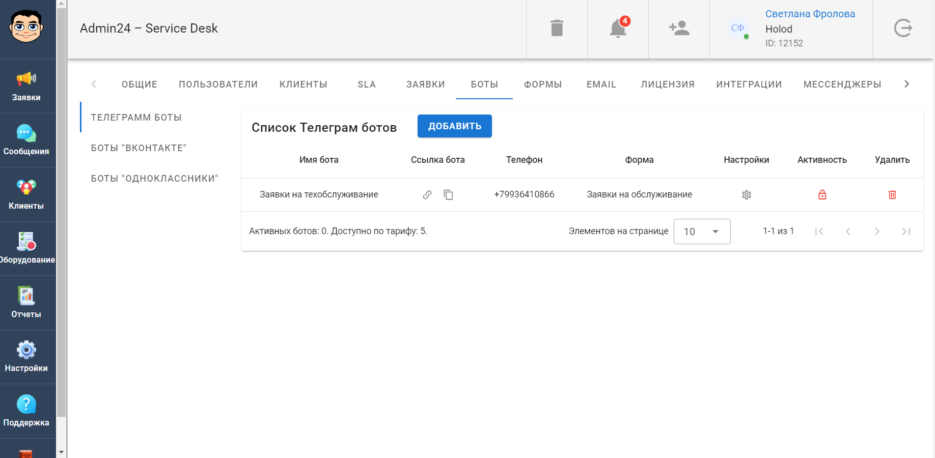 Список Телеграм-ботов в сервис-деске Admin24