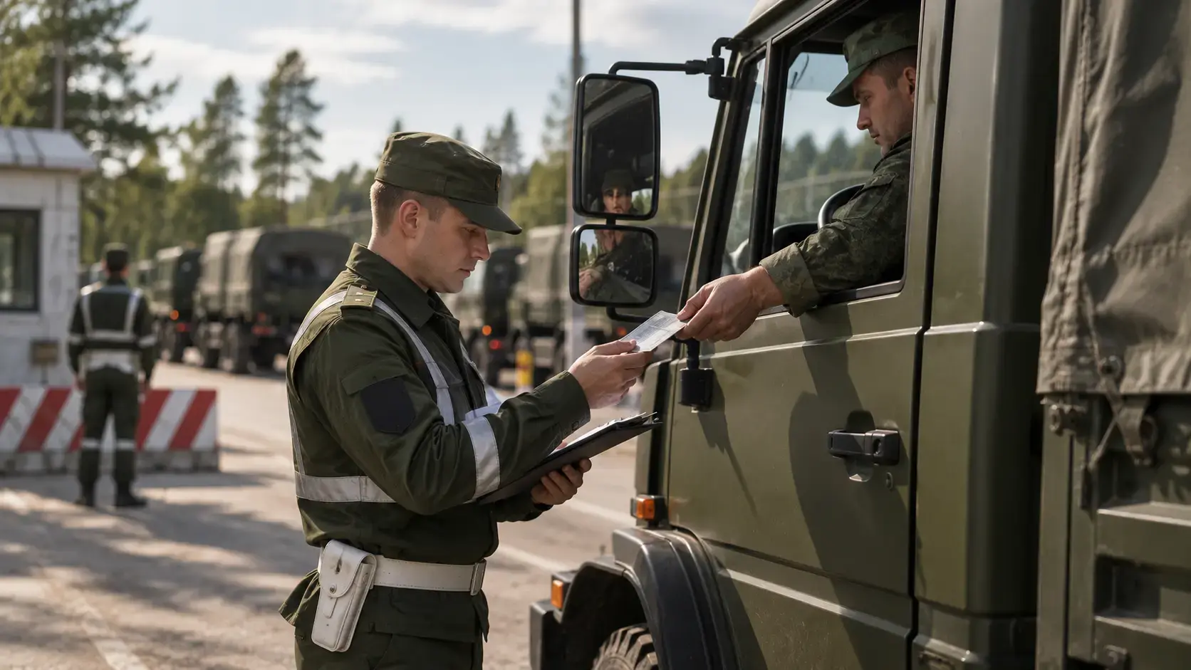 Сотрудник ВАИ регулирует движение военного транспорта