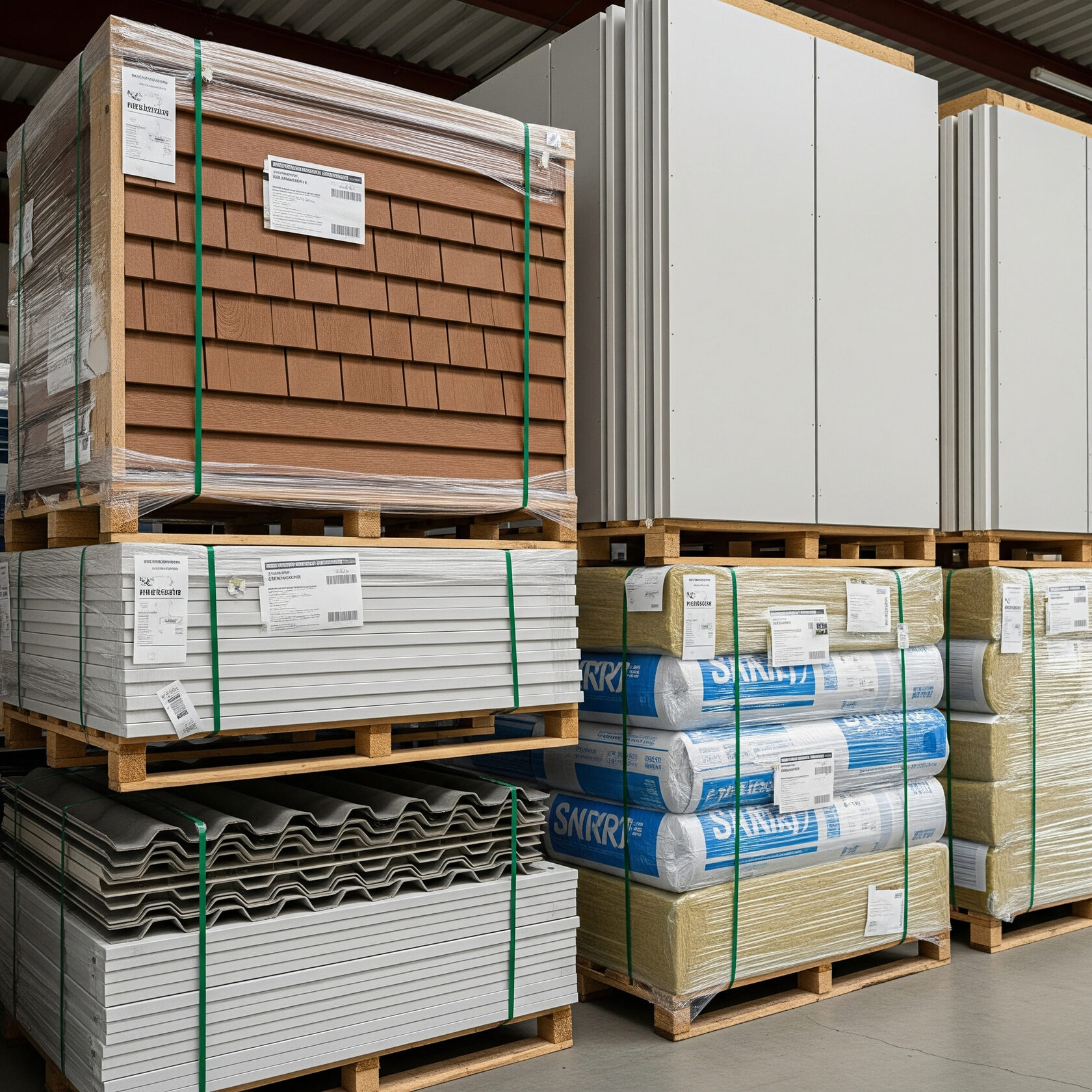 A warehouse storage area with neatly stacked pallets of building materials, including brown shingle panels, white flat panels, corrugated roofing sheets, and blue-wrapped insulation rolls, all secured with green straps on wooden pallets