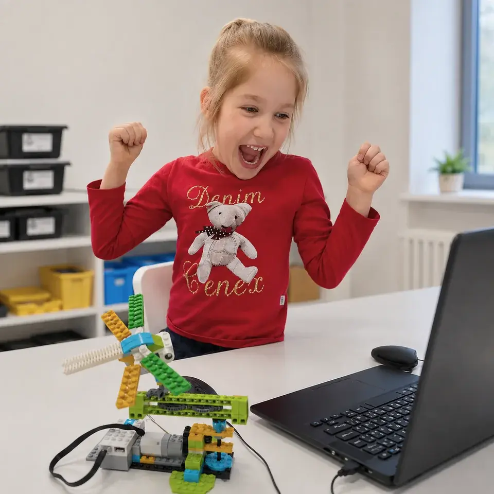 Ребёнок играет с работающей моделью LEGO на занятии RoboCore