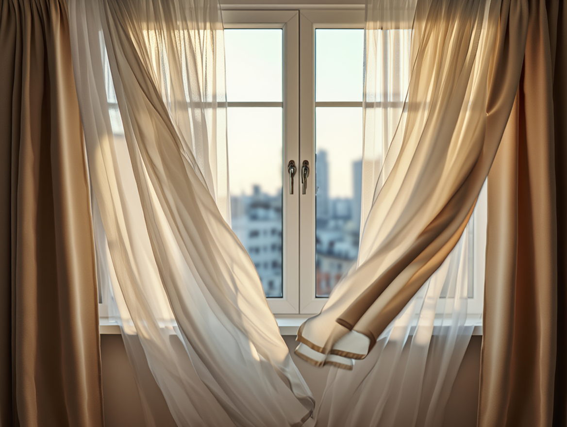 Современные пластиковые окна с бежевыми шторами в квартире с видом на город — пример качественного остекления