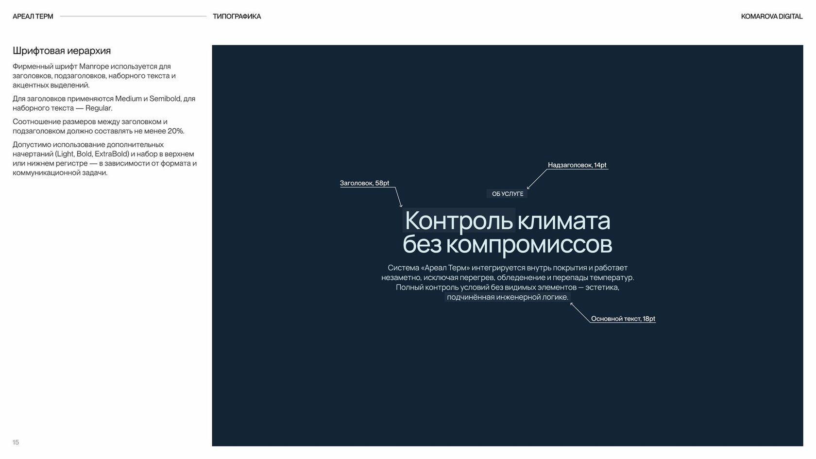 Фирменный стиль «Ареал Терм»: шрифтовая иерархия в одной гарнитуре Manrope