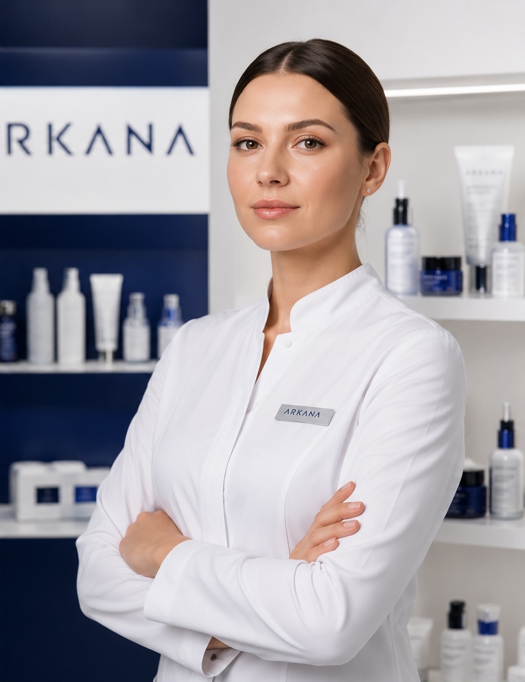 Косметолог в кабинете с продукцией ARKANA