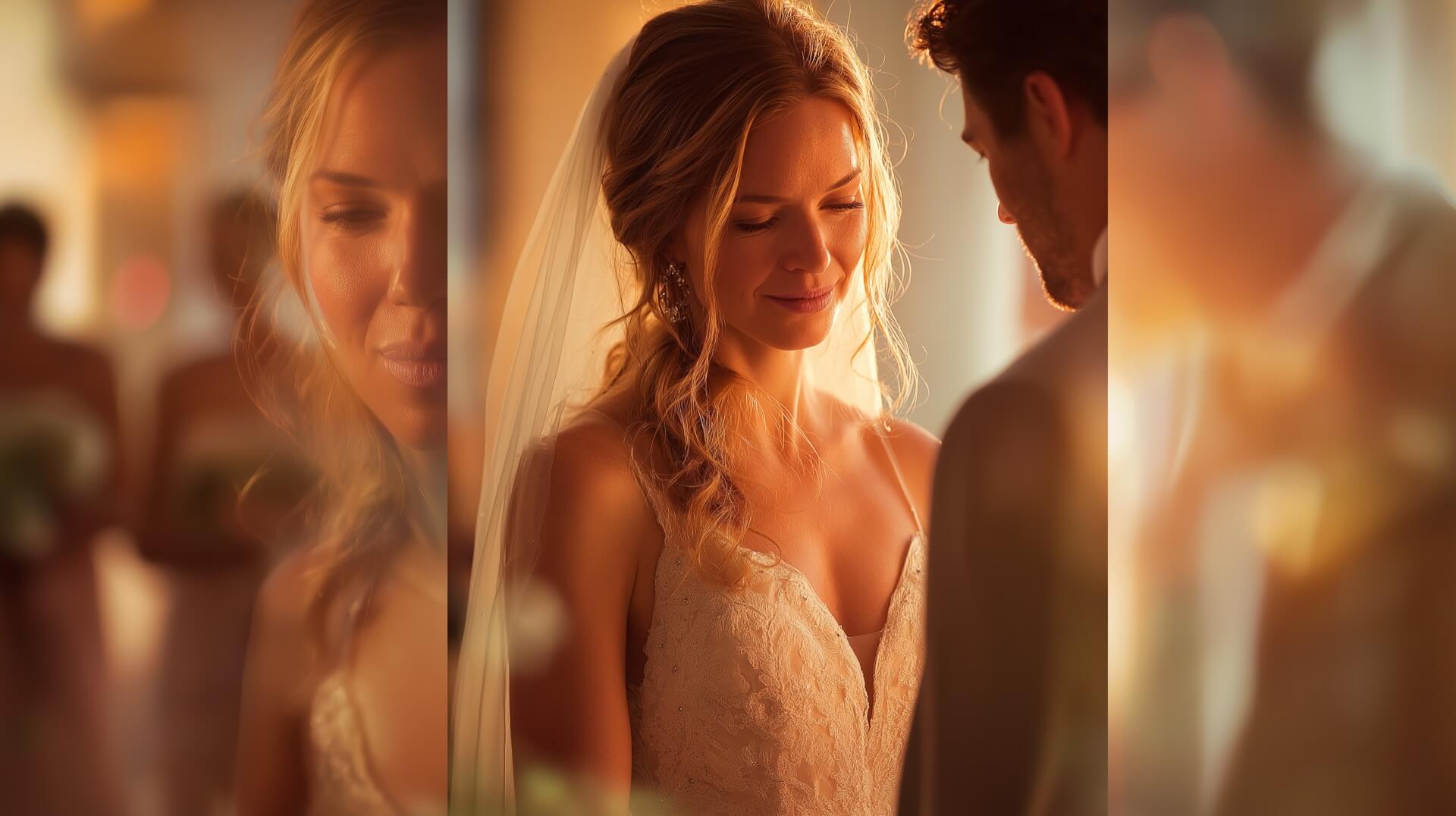 Коллаж из трёх высококачественных фото: выход невесты под музыку, обмен кольцами под песню и первый танец молодожёнов, демонстрирующий использование песни на свадьбу.