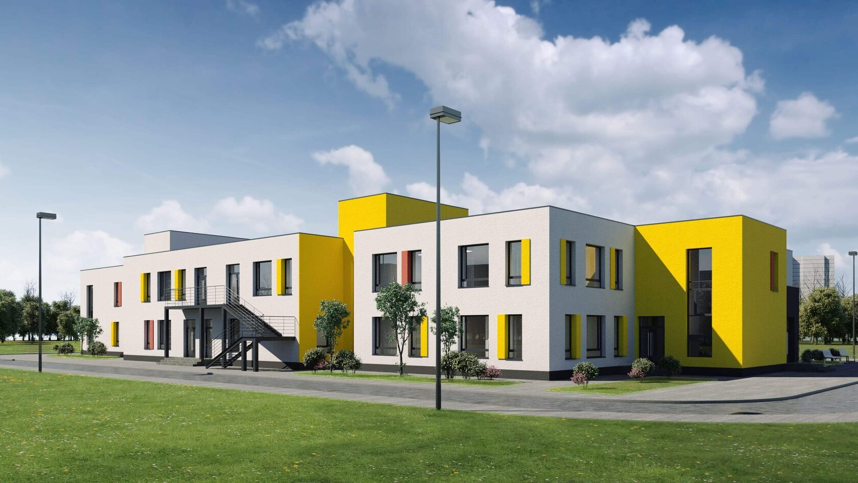 Проект детского сада: фасад, входная группа и безопасная территория для детей