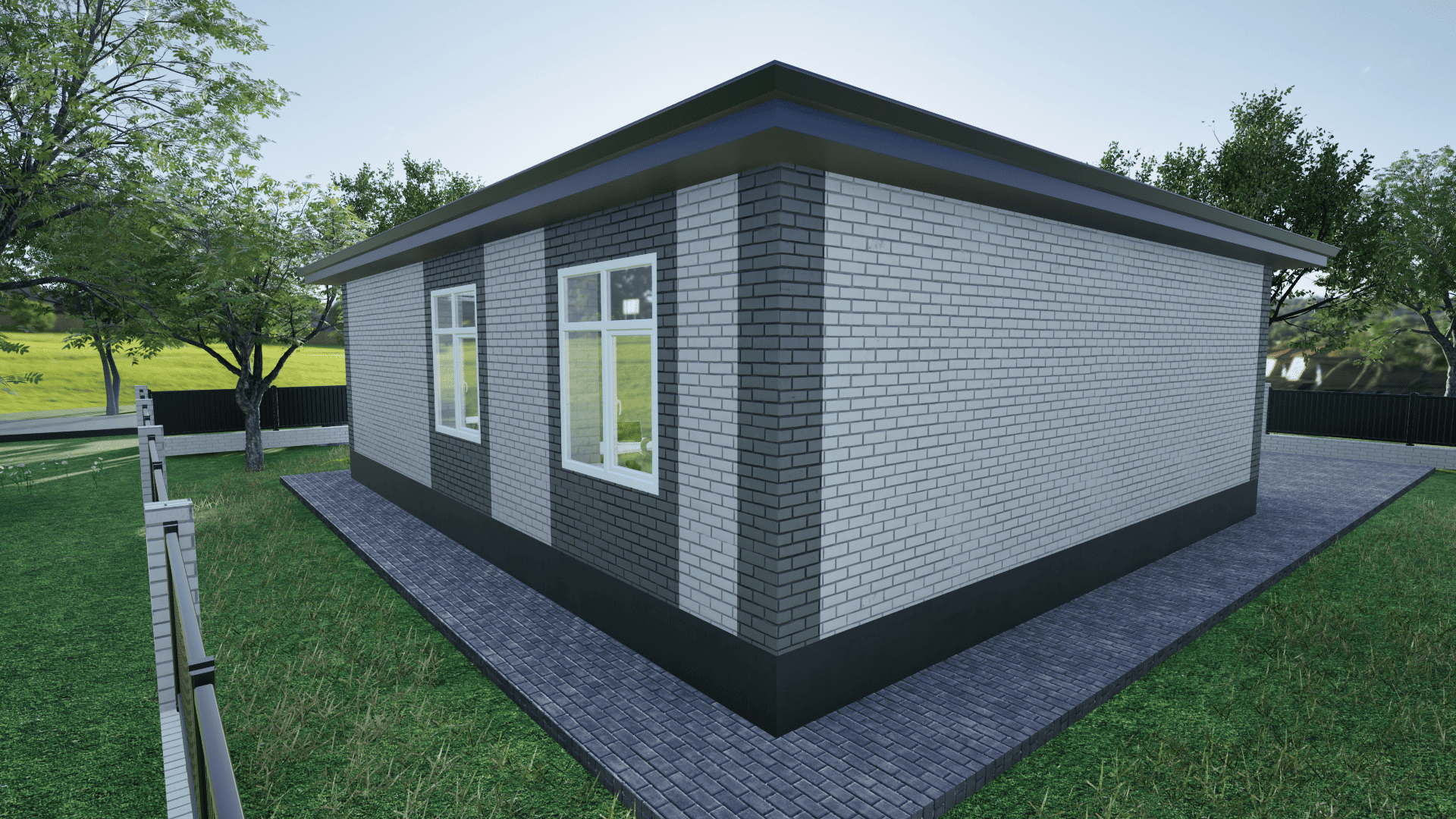 Одноэтажный дом в Ставрополе с комбинированным фасадом из белого и темно-серого кирпича и темной крышей цвета серый графит