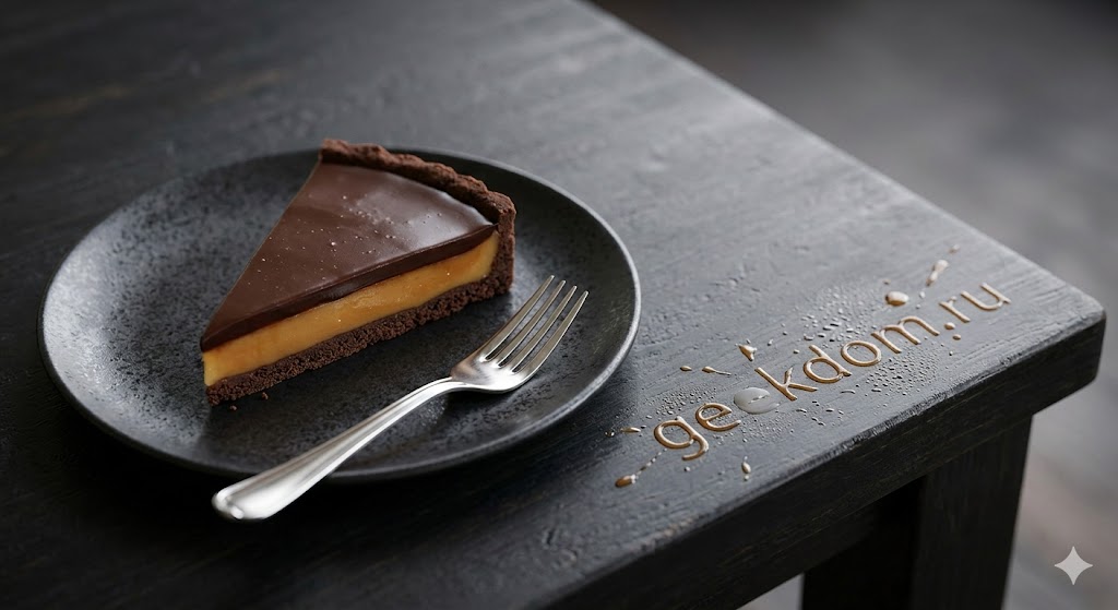 Кусочек шоколадно-карамельного тарта на темной тарелке.