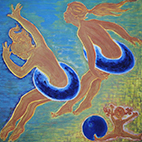 картина дети с надувными кругами на море