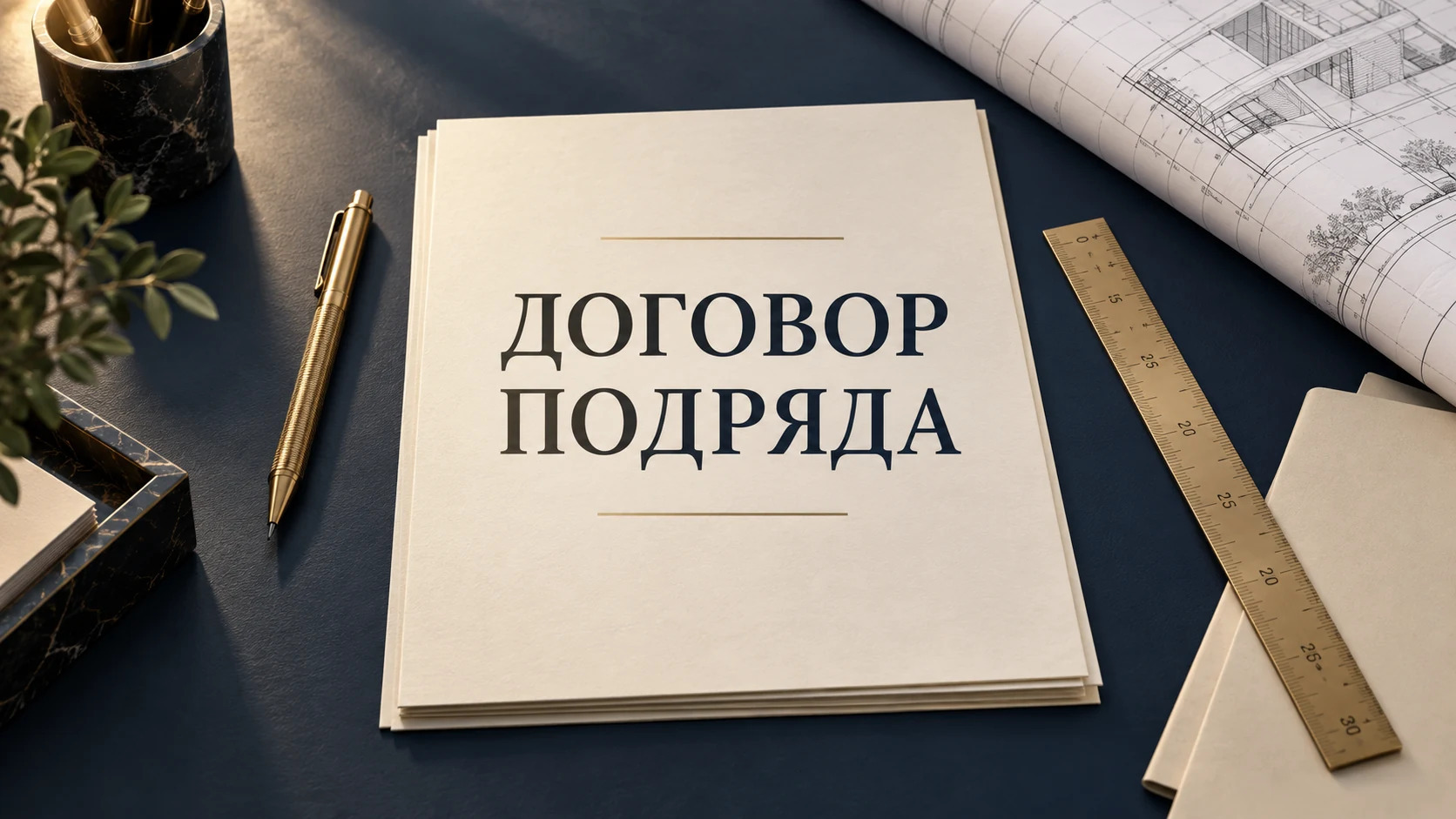 Концептуальная обложка договора подряда на кремовой папке с чертежом и заголовком «ДОГОВОР ПОДРЯДА»