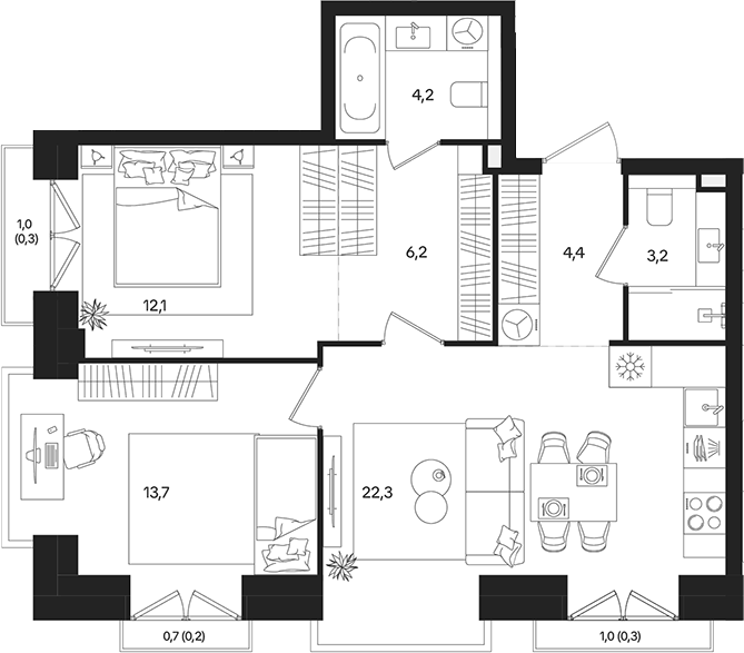 3‑комн квартира ~70 м²