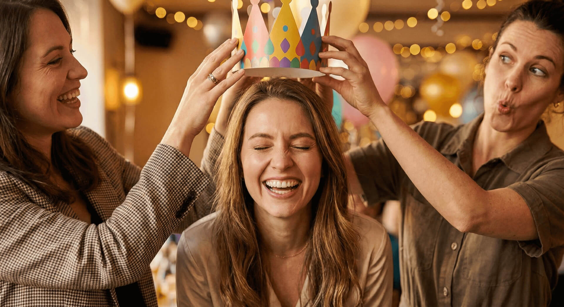 Крупный план трех женщин, дурачащихся во время празднования. Женщина в центре с закрытыми глазами и широкой улыбкой, смеется, пока две другие женщины надевают ей на голову разноцветную бумажную корону. Женщина слева в клетчатом пиджаке улыбается, помогая