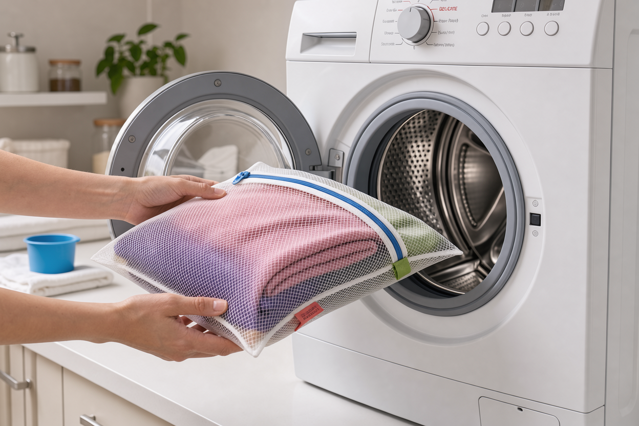 delicate cycle washing machine door open with a wool garment in a mesh laundry bag being placed inside, neutral laundry room background