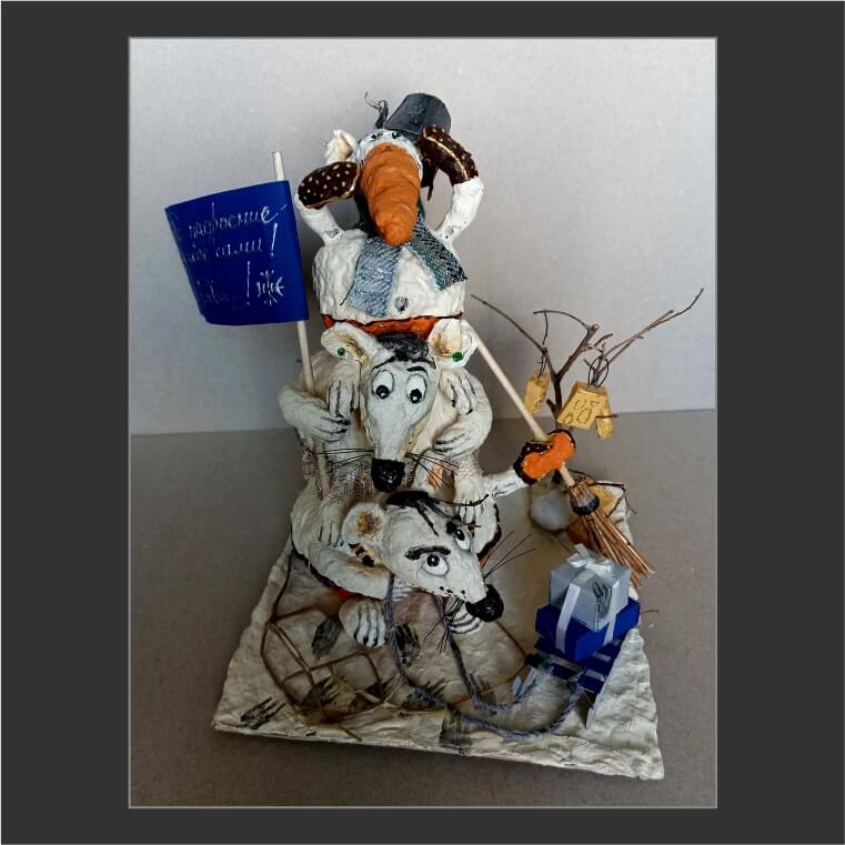 поделка для детей, поделка с детьми, поделка на бумаге картоне, поделка из папье-маше, поделка для сада и школы, снеговик, семья мышей