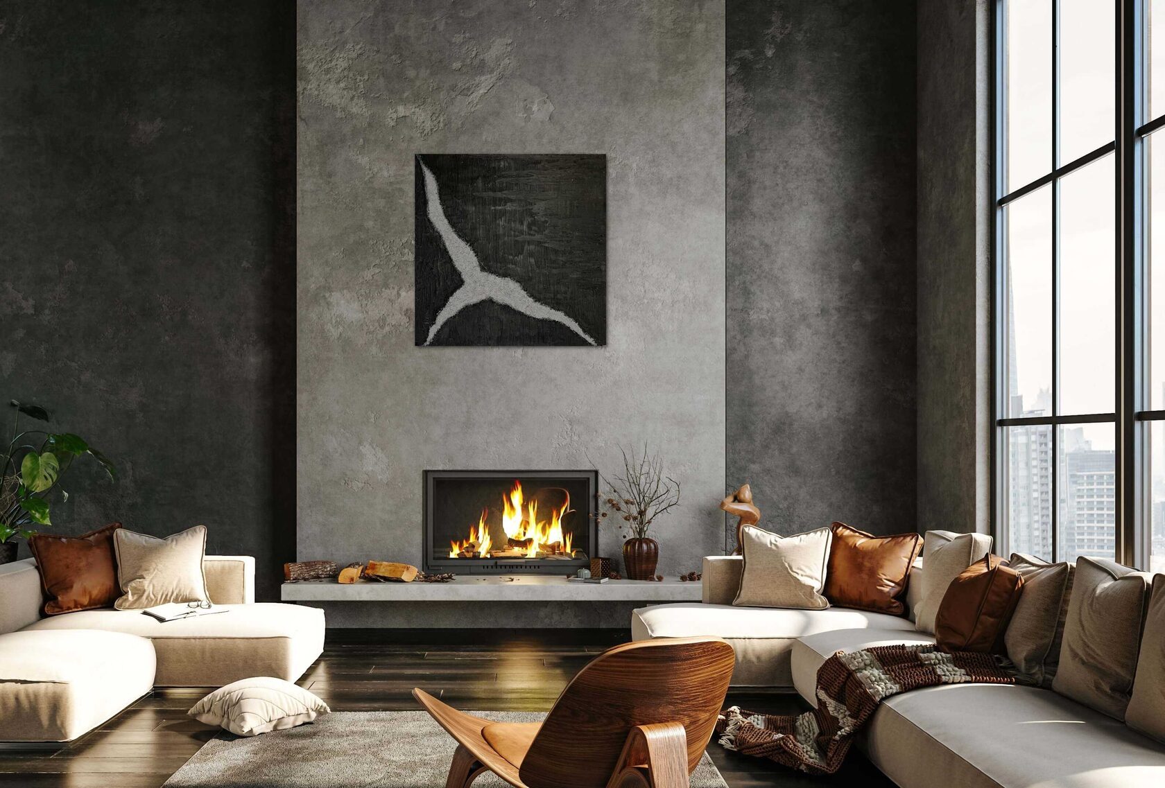 Картина в минималистичном интерьере гостиной, современное искусство