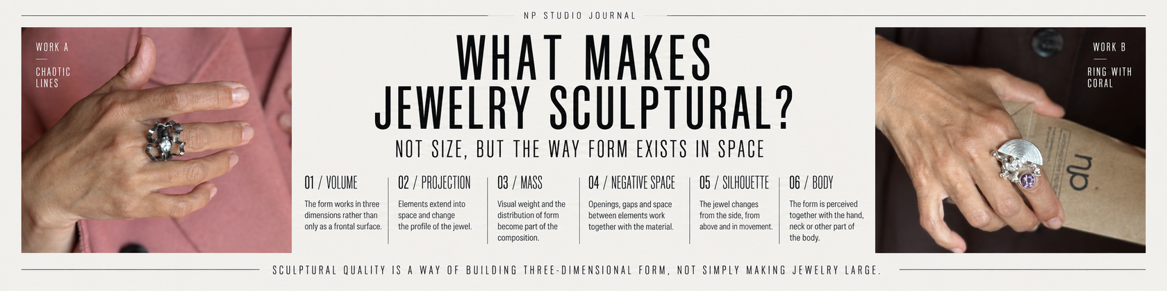 NP Studio Journal infographic explaining what makes jewelry sculptural: volume, projection, mass, negative space, silhouette and body