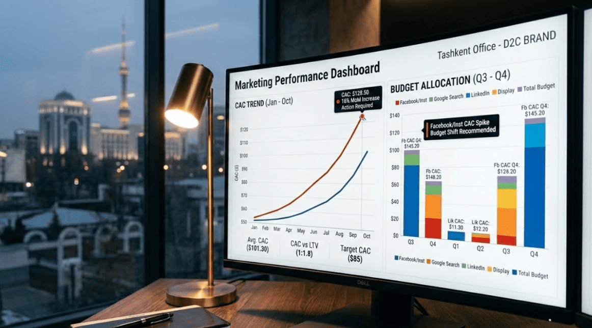 Marketing team reviewing multi-channel creative performance data on a large screen in a modern Tashkent office, addressing creative velocity challenges faced by D2C brands in 2026.