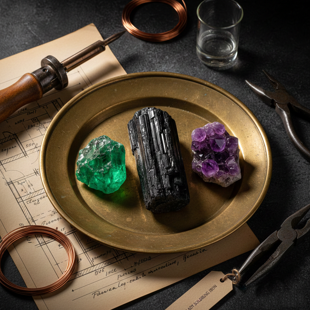 Раскладка на рабочем столе мастера: черный турмалин шерл, фиолетовый аметист и зеленый хромдиопсид на медном блюде рядом с чертежами и паяльником мастерской Lady Soldering Iron.