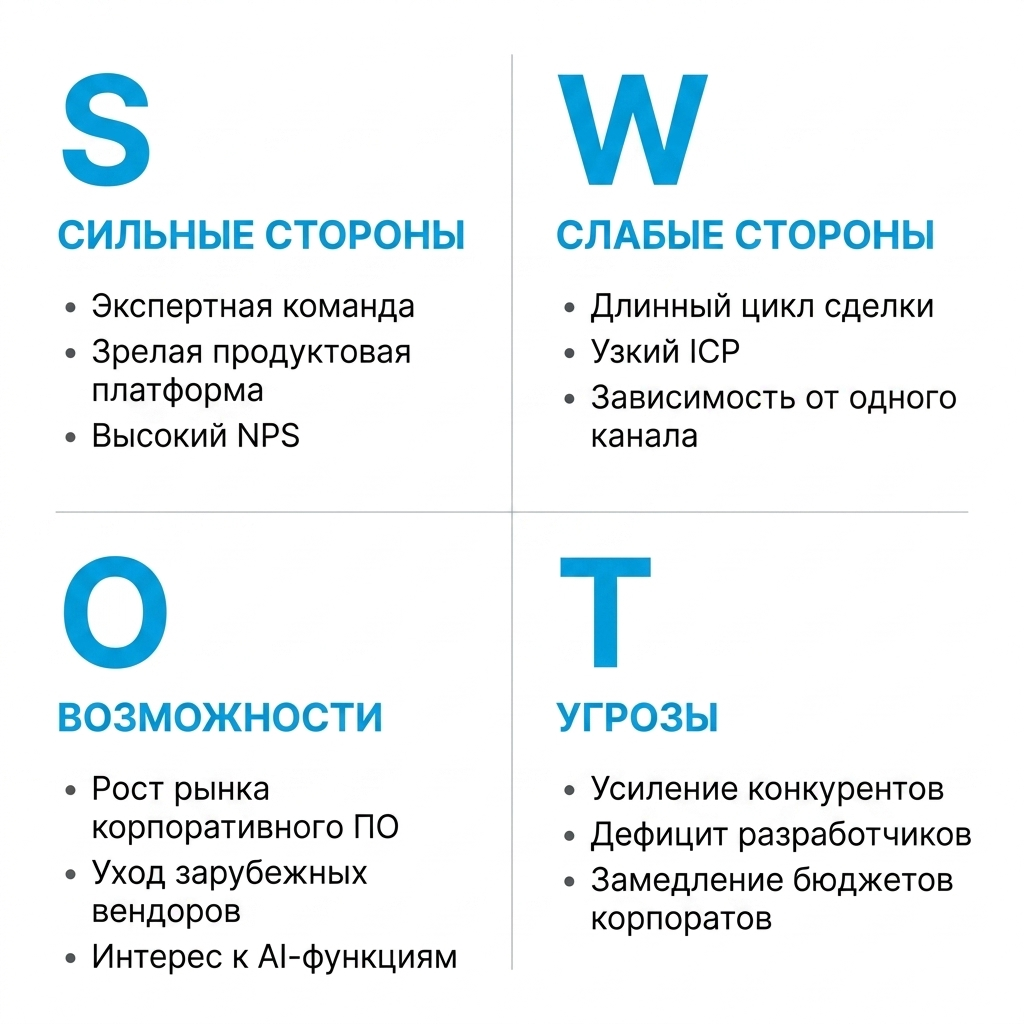 Схема SWOT-анализа компании: четыре квадранта — сильные стороны, слабые стороны, возможности и угрозы — с примерами для IT-бизнеса