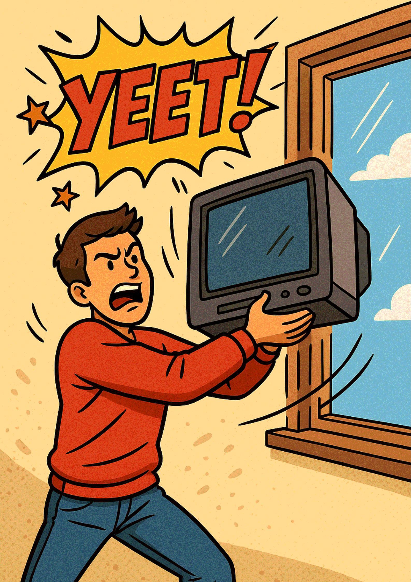 Комиксовая иллюстрация: парень с криком «Yeet!» бросает телевизор из окна — пример употребления yeet в значении «швырнуть что-то с силой».