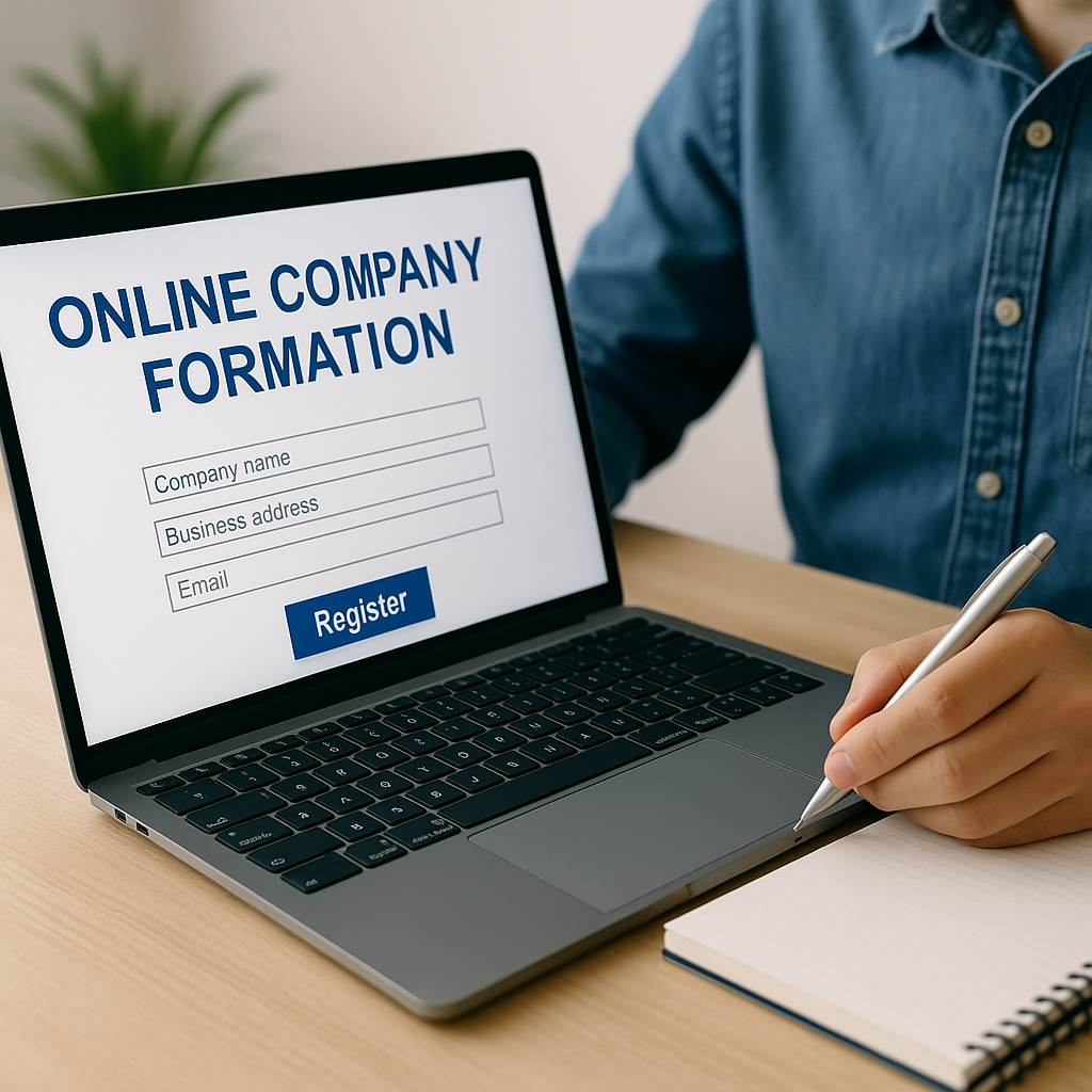 Person forming a company online in Switzerland on a laptop