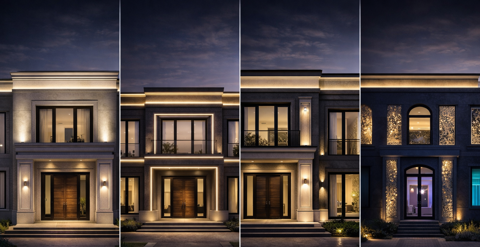 Архитектурная подсветка фасада частного дома с фасадным декором Архитек: заливающее, контурное, локальное и декоративное освещение в современном стиле