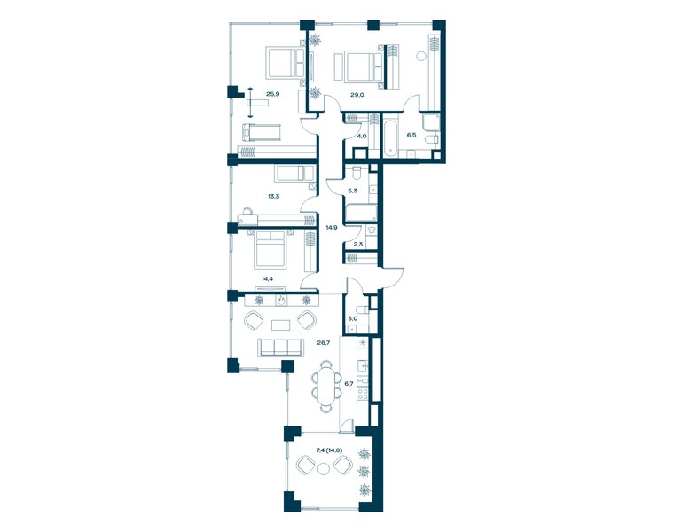 Планировка квартиры с 4 спальнями 159,4 м² в ЖК Soul: корпус 5, секция 3, 29-й этаж