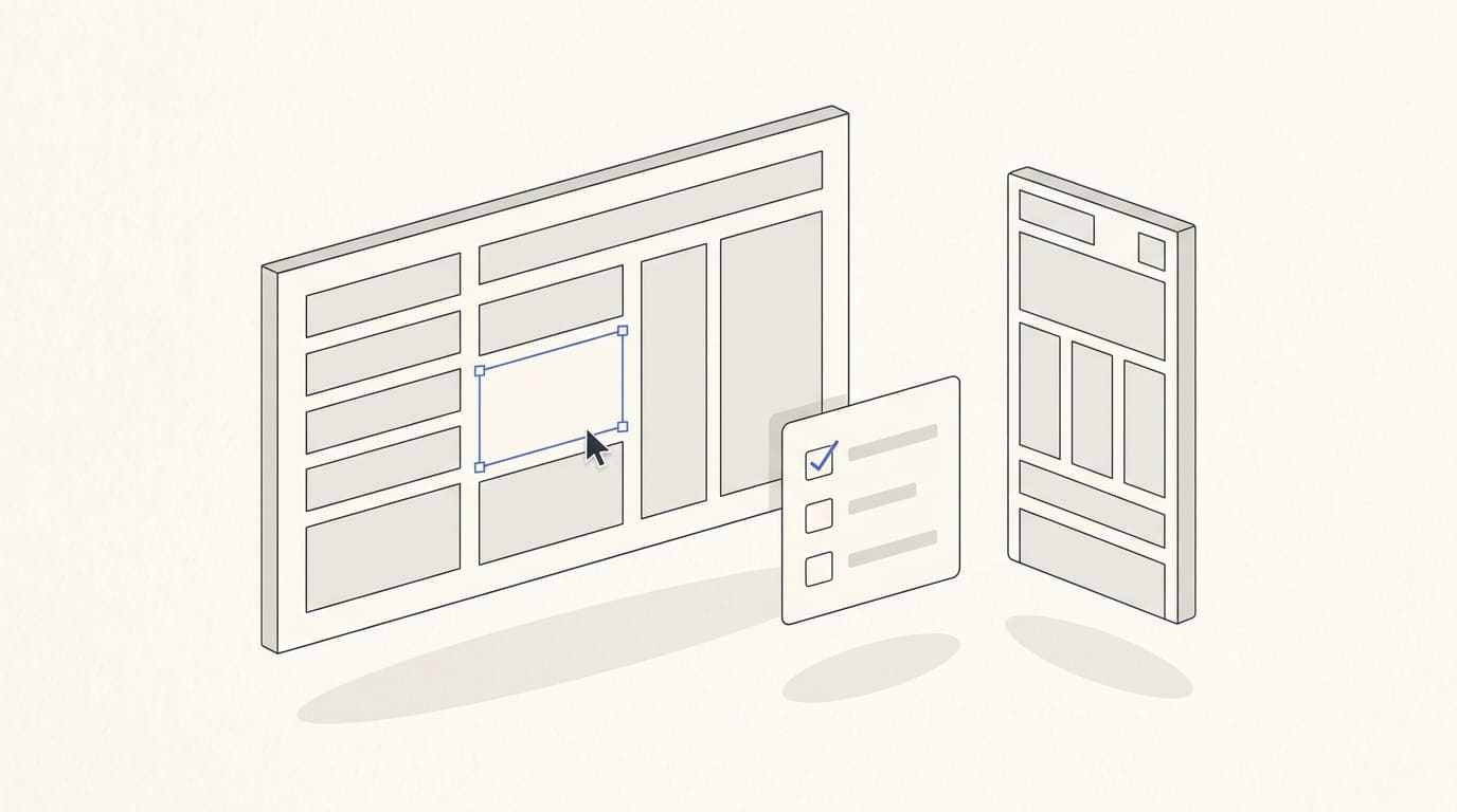 Desktop and mobile website artboards with a selected component and a small review checklist card.