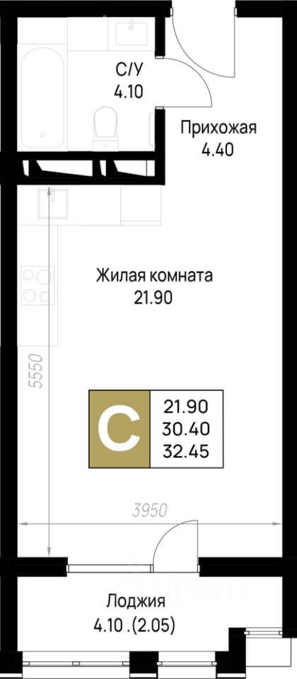 Планировка студии 33 м²