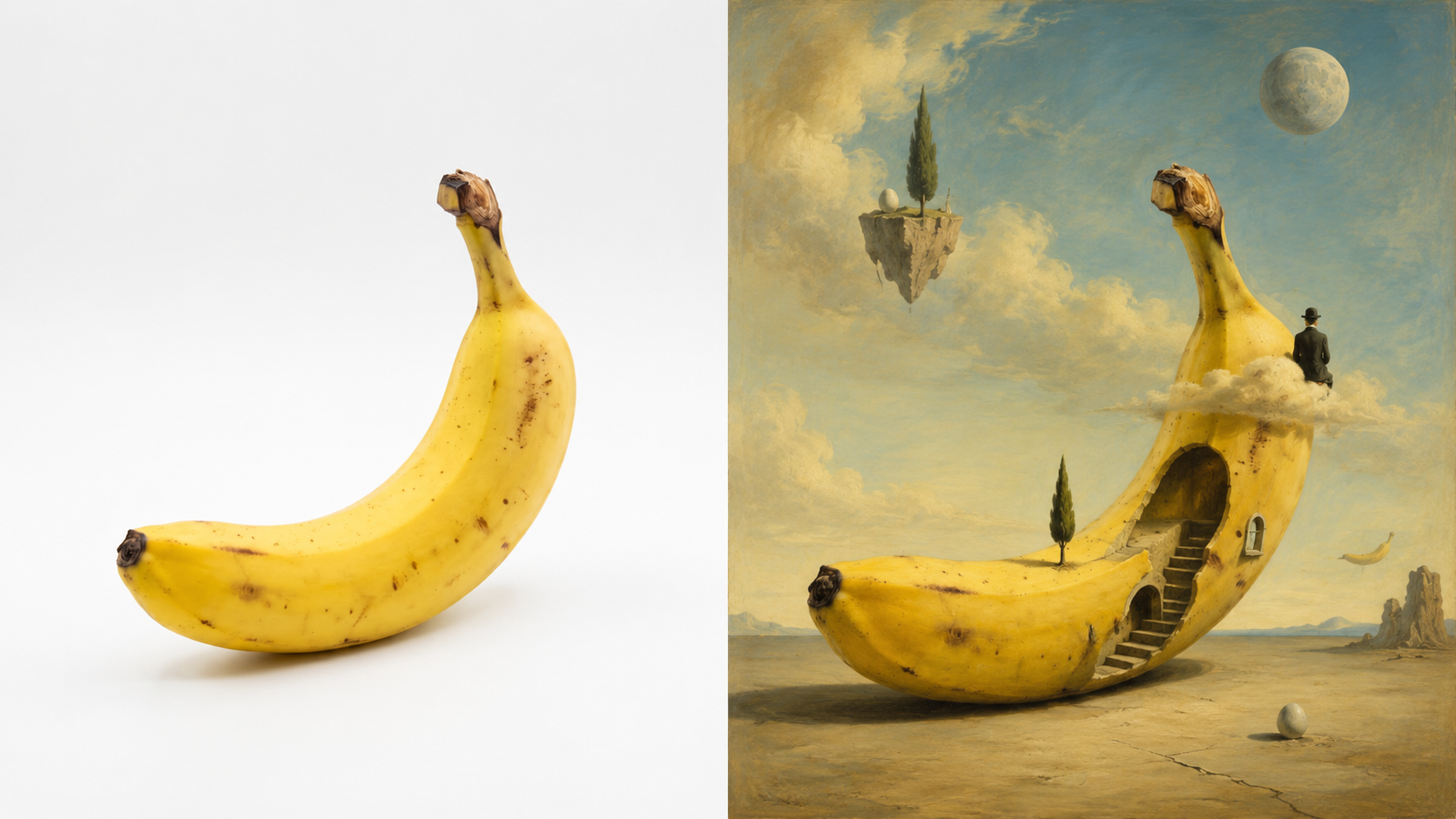 Side-by-side horizontal comparison of a real banana reference photo and a surrealist painting of the same banana transformed into a dreamlike scene with imaginative details and a fantasy landscape.
