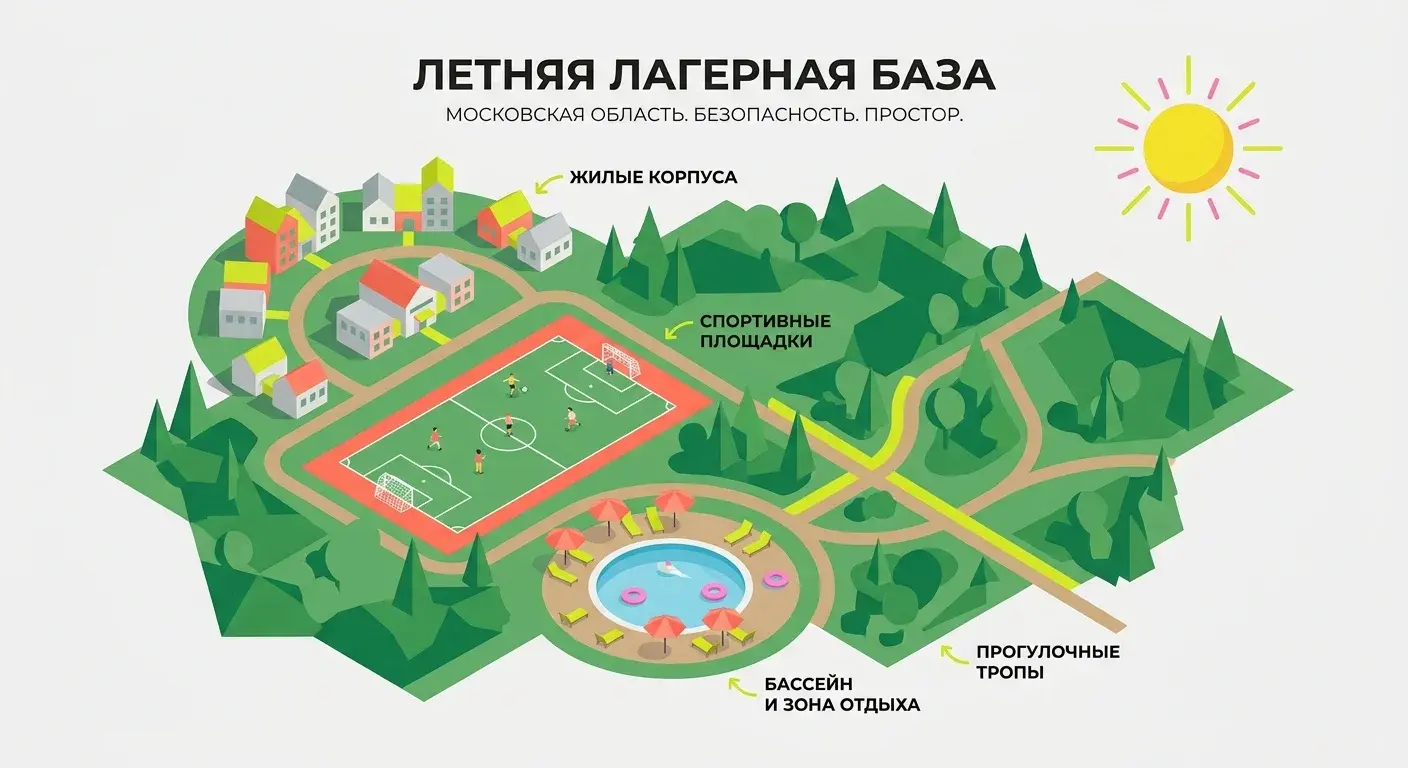 Территория базы отдыха для детского лагеря в Подмосковье