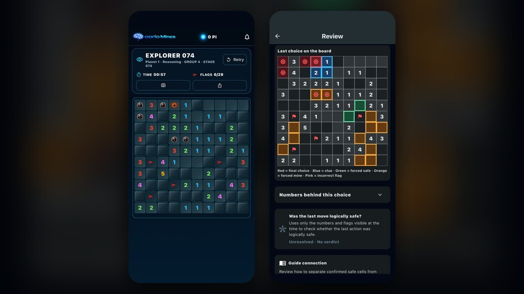 oorio Mines, a guess-free logic Minesweeper with Decision Review for Android and iPhone