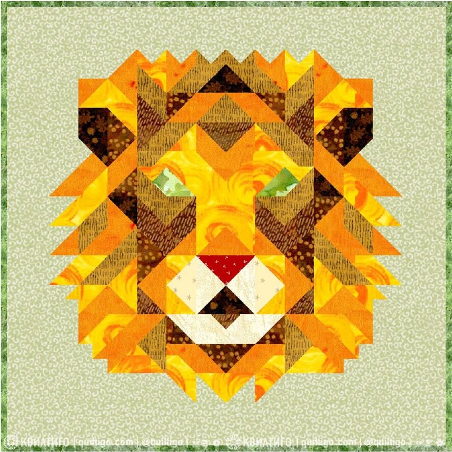 Лев (голова льва), лоскутный блок и панно. Схема для пэчворка в формате PDF.