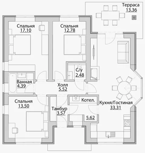 План Проект одноэтажного дома с панорамным эркером (C-98): изображение 1